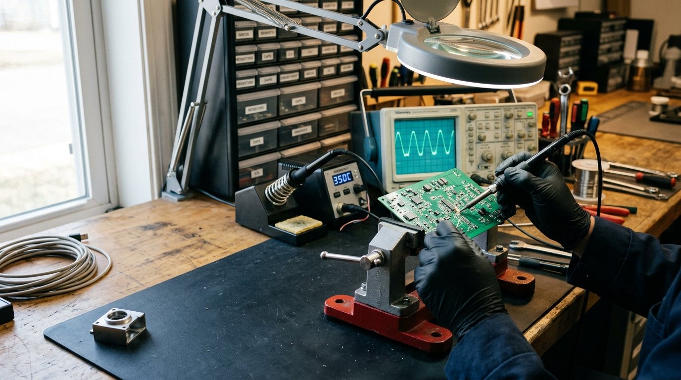 Gloved hands soldering a circuit board on an electronics workbench with an oscilloscope behind