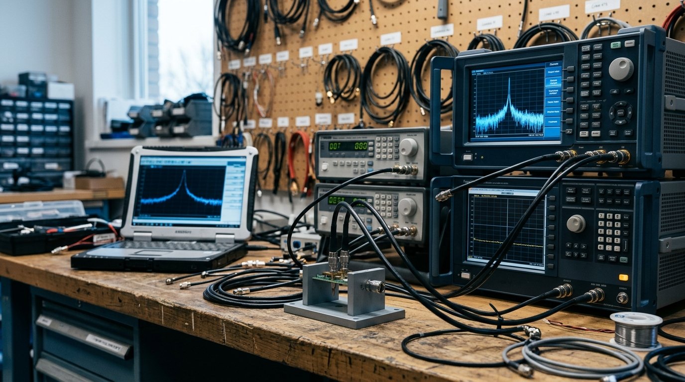 RF test bench with a spectrum analyzer, signal generators and coaxial cables connected to a test fixture
