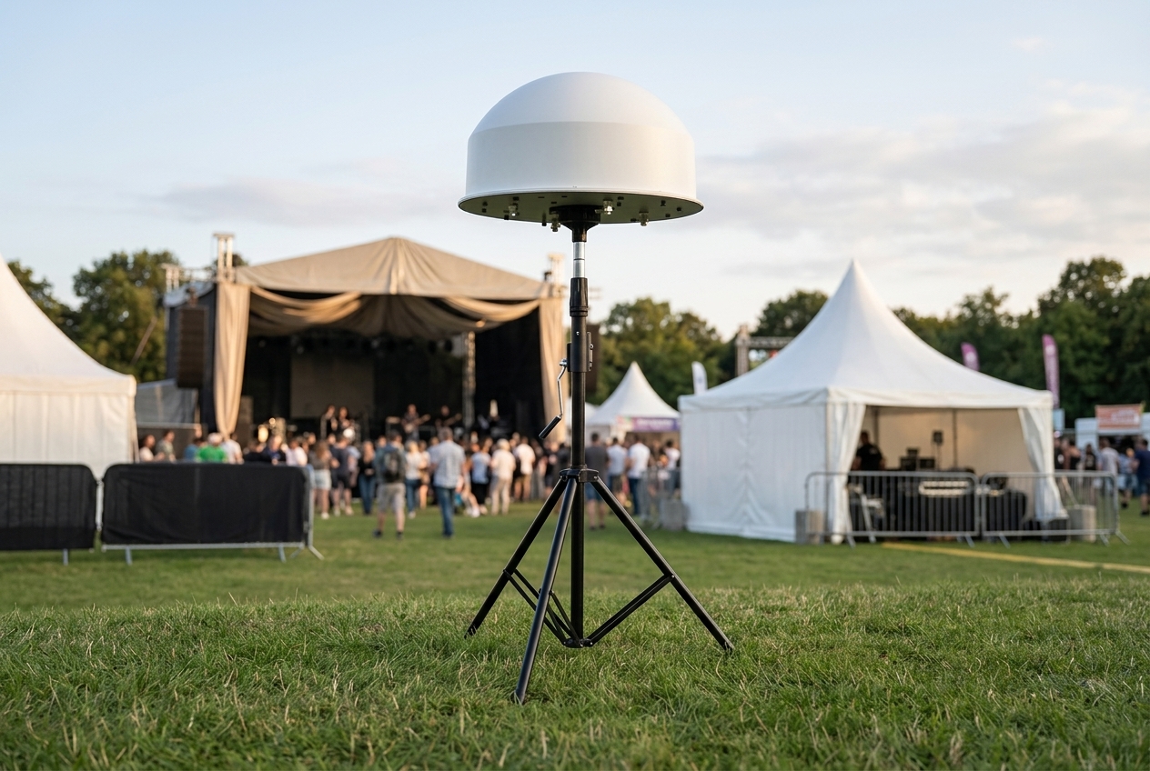 Illustration of the DroneTrack unit on its tripod at the edge of an outdoor event