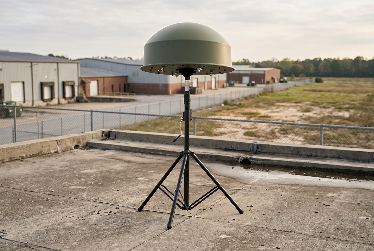 Illustration of the DroneTrack unit on its tripod at a secure site