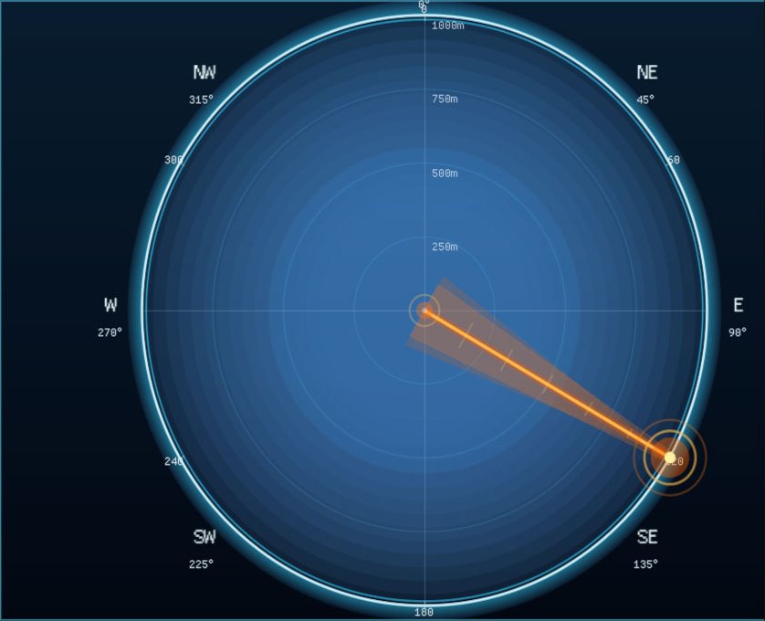 Compass view with a live bearing wedge pointing to a detected drone