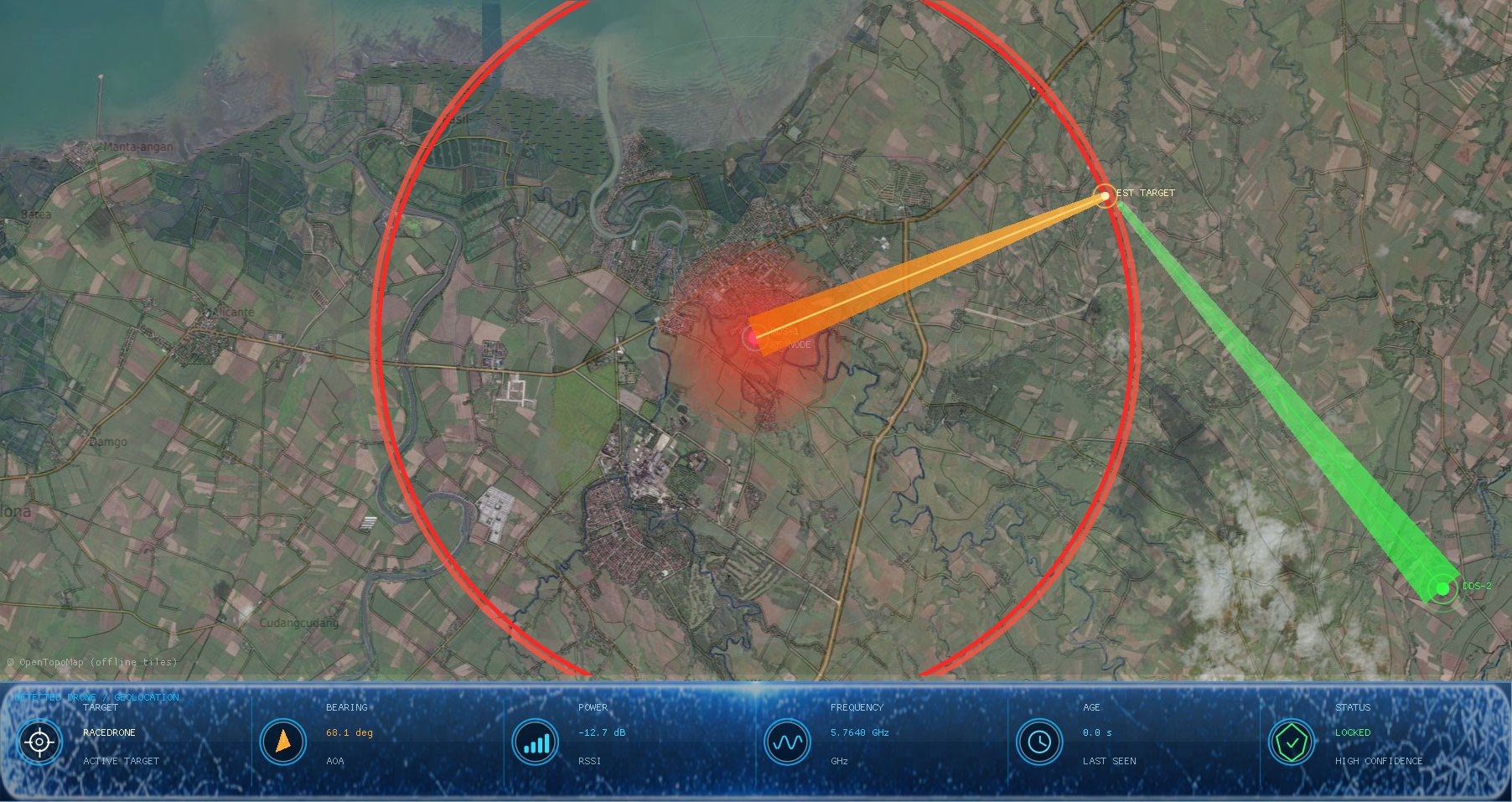 Satellite map view with detection radius and bearings from two units meeting at the drone
