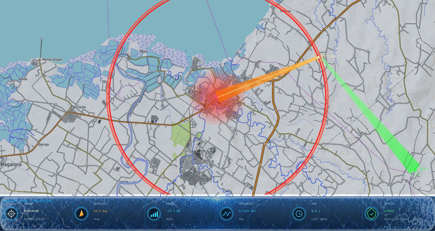 Geo-mapped live view with detection radius and bearings from two units meeting at the drone